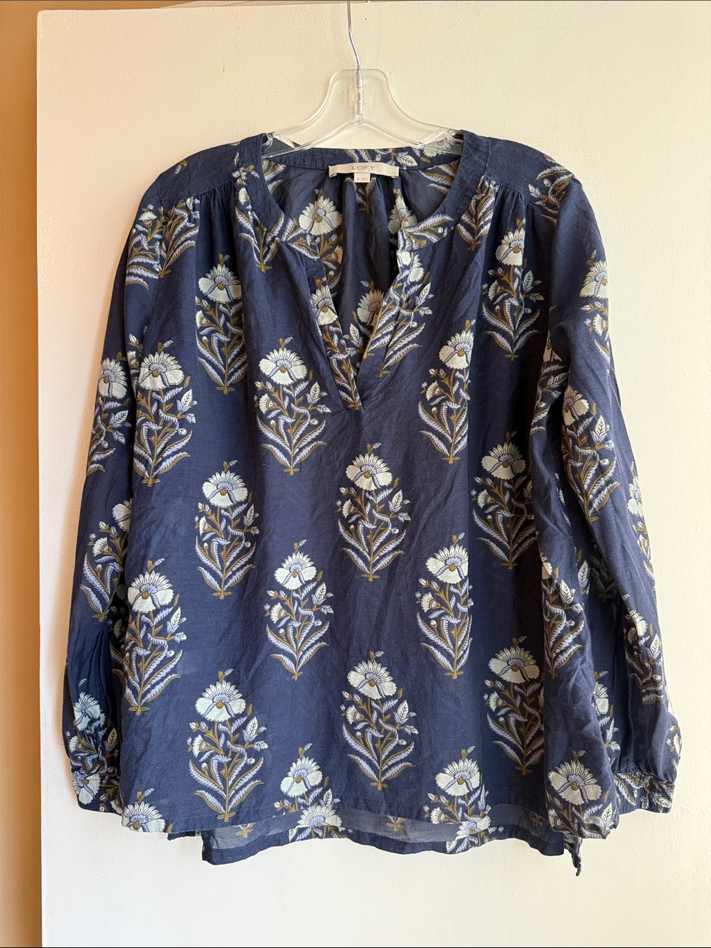 LOFT Navy Blue Floral Split V-Neck Shirt